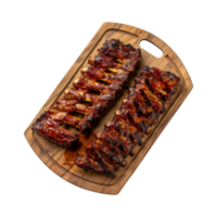 grilled spare ribs on wooden cutting board isolated on a transparent background, top view png