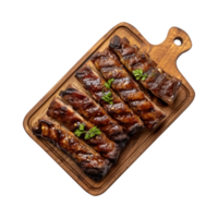 grillé de rechange travers de porc sur en bois Coupe planche isolé sur une transparent arrière-plan, Haut vue png