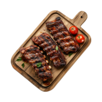 grilled spare ribs on wooden cutting board isolated on a transparent background, top view png