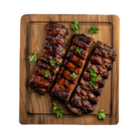 grilled spare ribs on wooden cutting board isolated on a transparent background, top view png