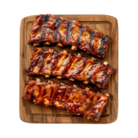 grilled spare ribs on wooden cutting board isolated on a transparent background, top view png