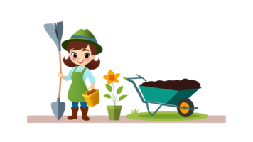Happy woman gardener in uniform with wheel cart doing outdoor works, Smiling girl gardening planting flowers outside, doing gardening, preparation to spring, Organic farming, agriculture, gardening png