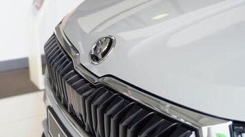 USA, NEW YORK, DEC 10, 2022. Detailed close up view of new Skoda. Auto showroom video