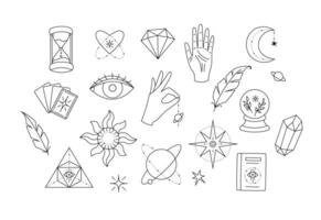 Esoteric elements collection. Magic icons minimalistic symbols, planets, hands and crystals, cards and eyes. Hand drawn linear illustration vector