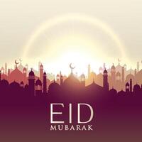 eid mubarak card with mosque silhouttes vector