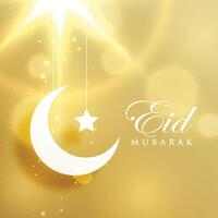 crescent moon and star on golden background for eid festival vector