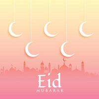 eid mubarak greeting card design with moon and mosque vector