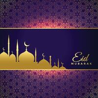 shiny eid mubarak holiday greeting with golden mosque vector