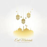 elegante eid Mubarak festival saludo con lamparas y mezquita vector