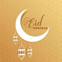 attractive eid mubarak moon and lamps greeting design vector