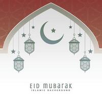 mezquita puerta con Luna y colgando linterna eid Mubarak vector
