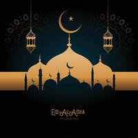 beautifulgolden mosque and lamps eid-al-adha greeting vector