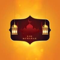 eid mubarak islamic festival greeting with lamps decoration vector