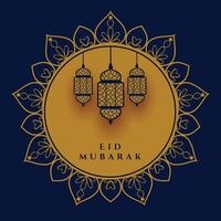 eid mubarak decorative lamp festival greeting design vector