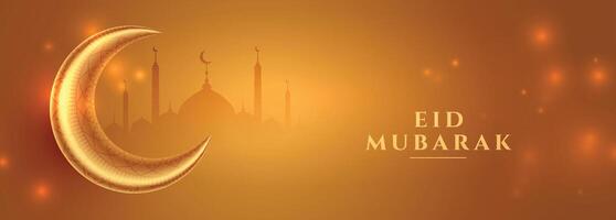 eid mubarak golden banner with moon and mosque design vector