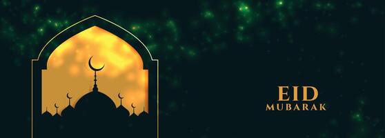 eid Mubarak dorado bandera con mezquita diseño vector