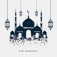 islamic eid mubarak stylish greeting with mosque and lamps vector
