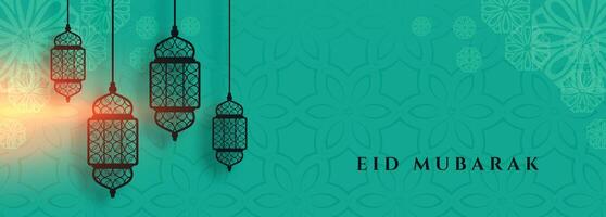 eid mubarak banner with islamic lantern decoration vector