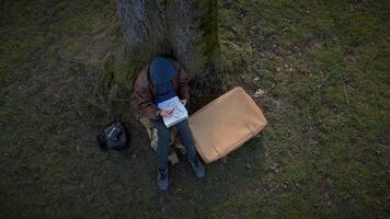 Cinematic Aerial View of Artist Creating Drawing in Park Outside video