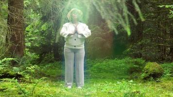 vrouw persoon ontspannende buitenshuis in vredig groen landschap in harmonie video