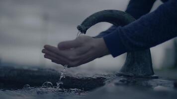 person tvättning händer utanför på vatten fontän i långsam rörelse video