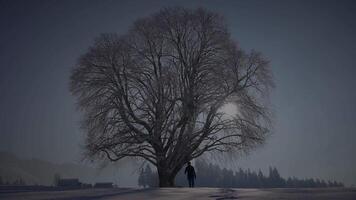 manlig person gående i djup snö ser på enda träd video