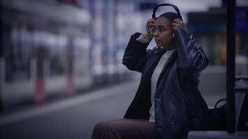 Urban Lifestyle Portrait of Relaxed Female Person With Earphones Playing Sound video