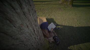 jong creatief mannetje artiest tekening een schetsen buiten in de park video