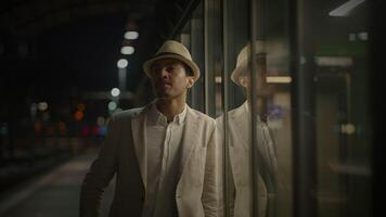 Young Man Waiting Alone at Train Station Platform at Night video