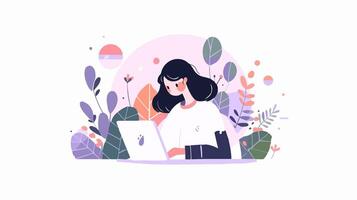 Freelance girl working on laptop. Illustration in flat style vector