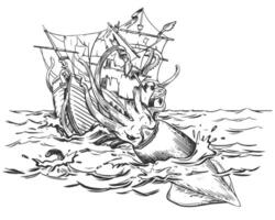 The legendary kraken is attacking the ship. A huge squid drags a sailboat underwater. Monochrome drawing. illustration in engraving style. Composition based on the legends of sailors. vector