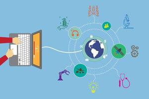 usuario conectando a el Internet utilizando un ordenador portátil y intercambiando datos en línea. computadora y tierra en el ilustrativo antecedentes en el dirigir papel explicando el concepto de digital marketing. vector