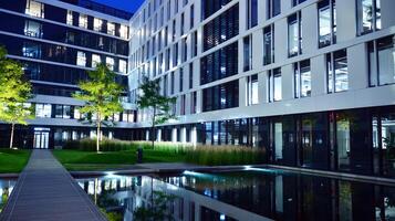 Pattern of office buildings windows illuminated at night. Glass architecture ,corporate building at night - business concept. photo