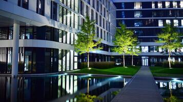 Pattern of office buildings windows illuminated at night. Glass architecture ,corporate building at night - business concept. photo