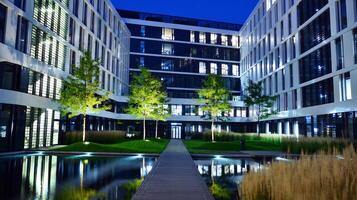 Pattern of office buildings windows illuminated at night. Glass architecture ,corporate building at night - business concept. photo