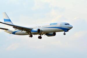 Warsaw, Poland. 8 June 2018. Plane just before landing at the Chopin airport. photo