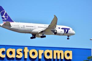 Warsaw Poland. June 8, 2018. The plane just before landing at Chopin Airport. photo