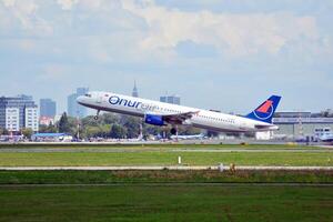 Warsaw Poland. May 28, 2018. A passenger plane takes off from the runway of Chopin Airport in Warsaw. photo