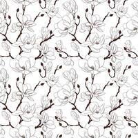 Floral seamless pattern with magnolia flowers, leaves and branches on white background. Vintage theme with spring flowers for fabric prints, greeting cards. Botanical wallpaper. Graphic element vector