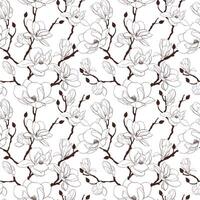 Floral seamless pattern with magnolia flowers, leaves and branches on white background. Vintage theme with spring flowers for fabric prints, greeting cards. Botanical wallpaper. Graphic element vector
