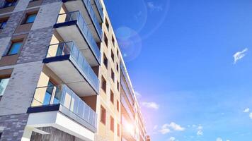 Modern apartment building in sunny day. Exterior, residential house facade. Residential area with modern, new and stylish living block of flats. photo