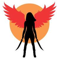Silhouette Warrior woman with sword sand wings. on a background red sun. illustration vector