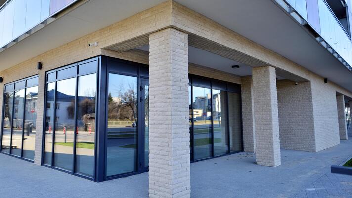 Panoramic windows of new commercial premises. Commercial property in development standard for rent.