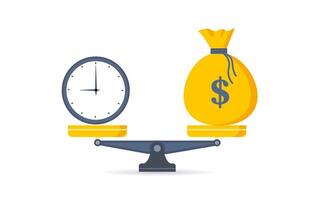 hora es dinero. reloj y dólar bolso un equilibrar escala. financiero concepto .tiempo valor de dinero activo crecimiento terminado hora representa inversión en a largo plazo equidad. vector