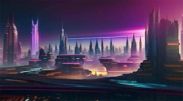 sbalorditivo futuristico fantasia paesaggio urbano a notte con colorato luci riflettendo. video