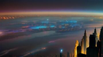 nuovo mondo fantasia scena a notte con drammatico cielo e silhouette edifici. video