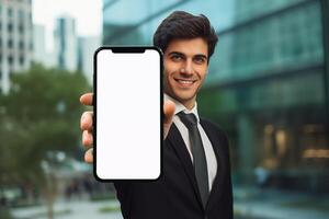 Businessman showing blank white screen smartphone at outdoor office background photo