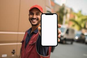 Delivery man showing blank white screen smartphone on street background photo