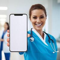 Nurse showing blank white screen smartphone at hospital photo