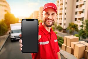 Delivery man showing black smartphone on urban background photo